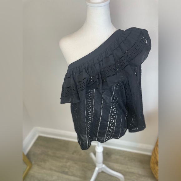Retail $298 Veronica Beard CRUZ RUFFLED ONE SHOULDER TOP BLACK COTTON EYELET TOP - Picture 6 of 11